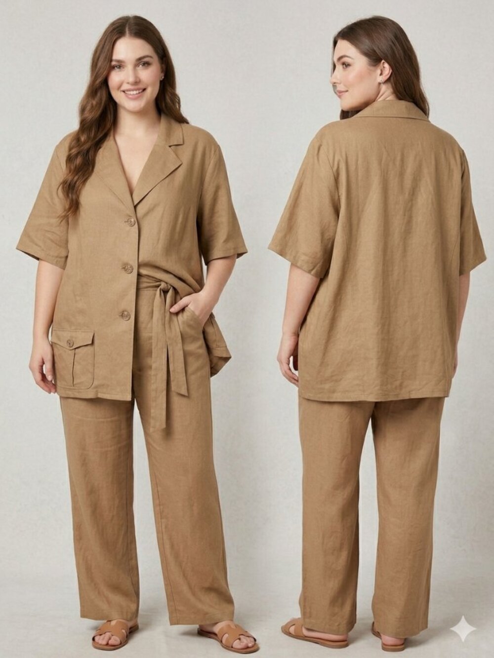 Maggie Barnes 3X Tan Linen Blend Blazer Short Sleeve Leopard Print Lining